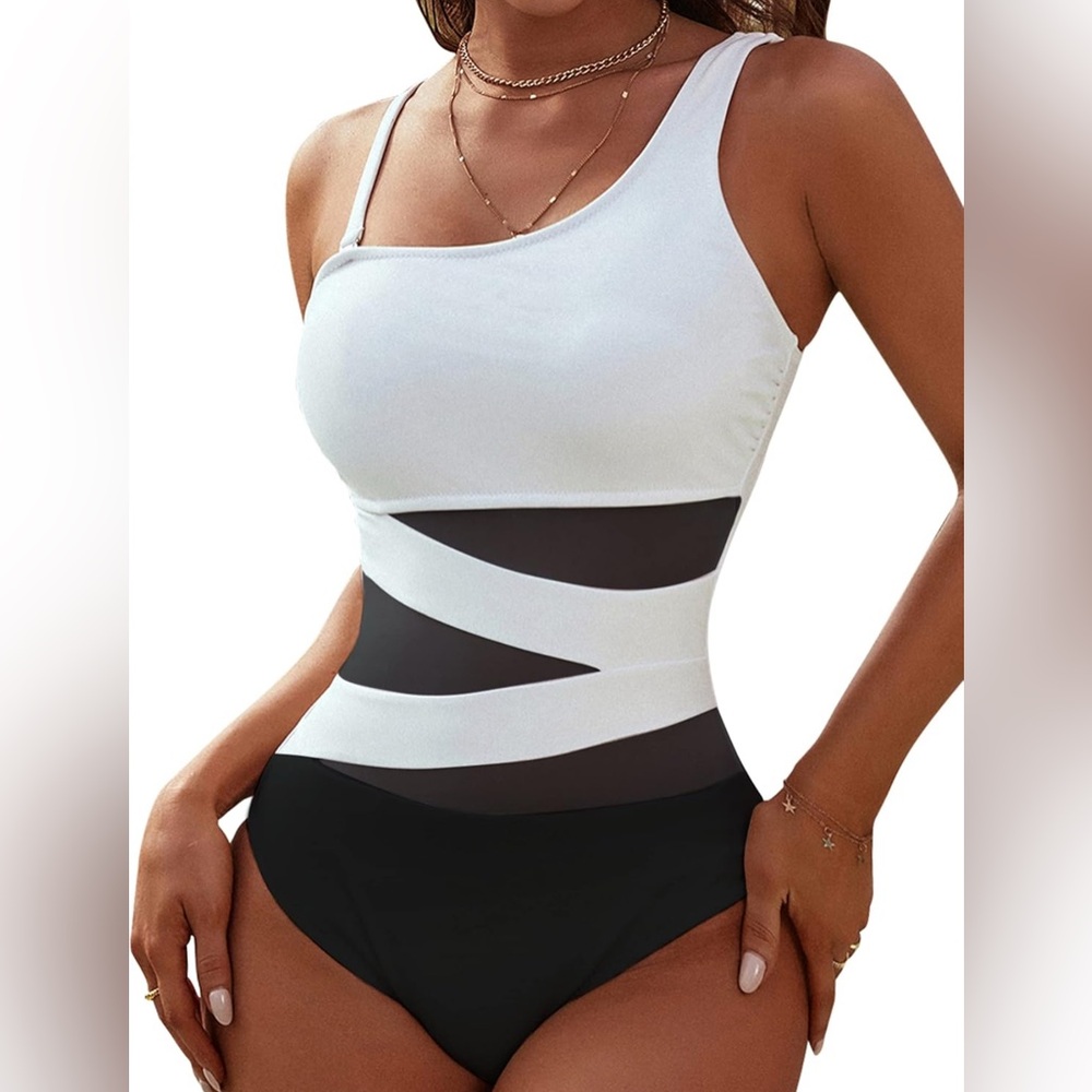 Elegant Black and White Women's One Piece Bathing Suit * Sz S * Brand New * 🆕